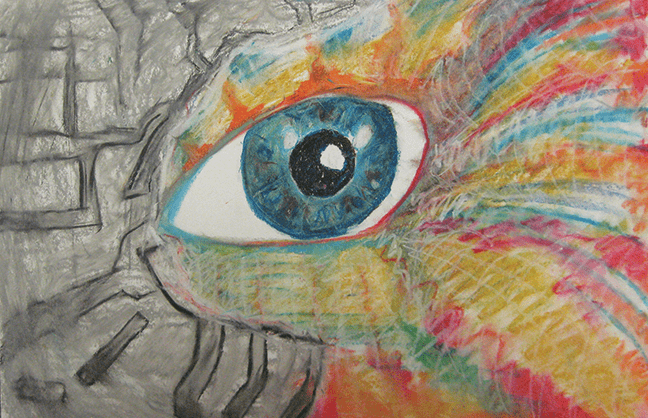 This image was made to describe the experience of sobriety. The client-artist expressed being able to see through the clouds, break through stone that is predictable into something unpredictable but vibrant and alive. The thin red line of the lower part of the eyelid was described as, “sobriety hurts” in a discussion of what hard work it is.